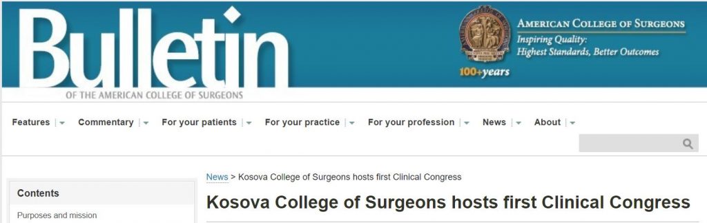 Buletini i Kolegjit Amerikan të Kirurgëve shkruan për organizimin e Kongresit të Parë Klinik nga Kolegji i Kirurgëve të Kosovës