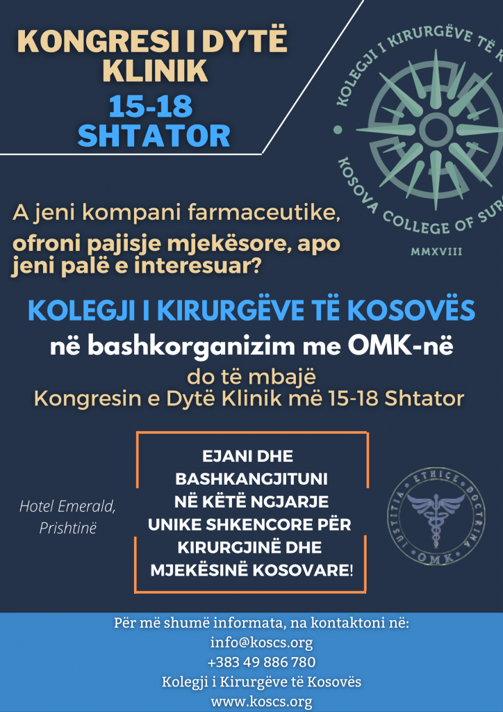 Ftesë për sponzorizim dhe ekspozim të Kongresit të Dytë Klinik të Kolegjit të Kirurgëve të Kosovës në bashkorganizim me OMK